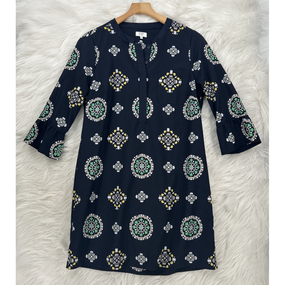 Crown & Ivy Size Women's 12 Shift Tunic Bell Sleeve Navy Aqua Yellow Dress #1315